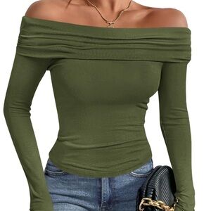 💚 Imily Bela Off Shoulder Long Sleeve Top - Army Green (M)